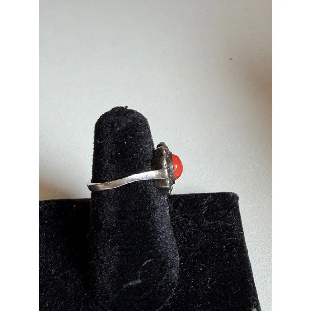 Vintage 835 Silver Red Coral Marcasite Scalloped Halo DO NOT BUY